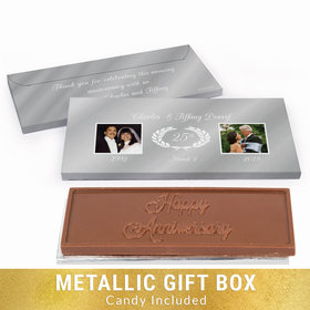 Deluxe Personalized Anniversary Gilded Fluer De Lis Gold Chocolate Bar in Silver Metallic Gift Box