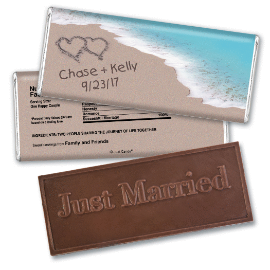 Wedding Favor Personalized Embossed Chocolate Bar Names and Hearts in Sand Sea Shore
