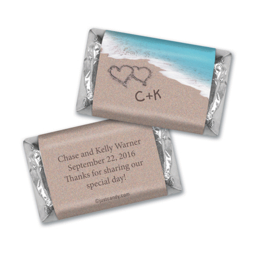 Wedding Favor Personalized Hershey's Miniatures Wrappers Names and Hearts in Sand Sea Shore