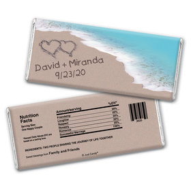 Wedding Favor Personalized Chocolate Bar Wrappers Names and Hearts in Sand Sea Shore