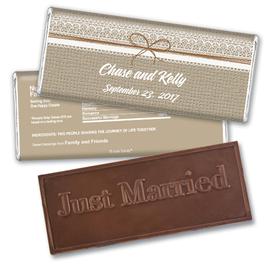 Wedding Favor Personalized Embossed Chocolate Bar Burlap and Lace