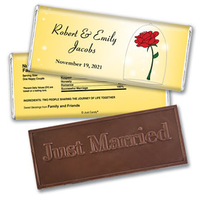Wedding Favor Personalized Embossed Just Married Chocolate Bar Beauty and Beast Rose