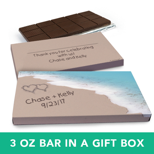 Deluxe Personalized Wedding Seashore Heart Belgian Chocolate Bar in Gift Box (3oz Bar)