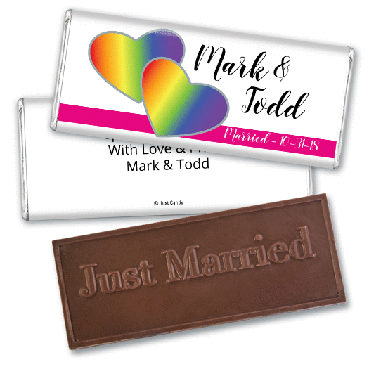Personalized LGBT Wedding Rainbow Hearts Embossed Chocolate Bar