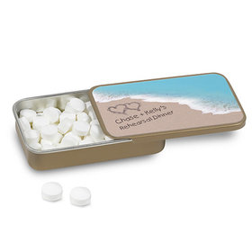 Rehearsal Dinner Personalized Mint Tin Names and Hearts in Sand Sea Shore