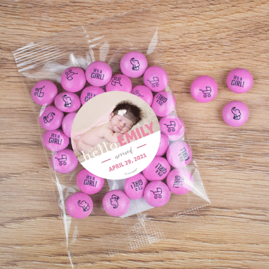 Personalized Girl Birth Announcement Hello Photo Candy Bag with JC Chocolate Minis