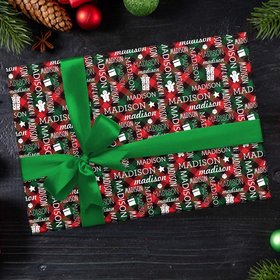 Personalized Plaid Name Word Cloud Christmas Wrapping Paper