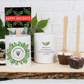 Personalized Christmas Holiday Wreath with Logo 11oz Mug with Hot Chocolate Spoon