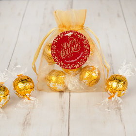 Personalized Christmas Golden Leaves Lindor Truffles by Lindt in Organza Bags with Gift Tag