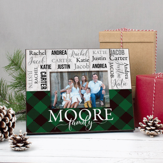Personalized Christmas Rustic Plaid Family of 6 Picture Frame