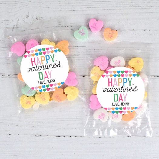 Personalized Valentine's Day Colorful Hearts 1oz Candy Bags with Conversation Hearts