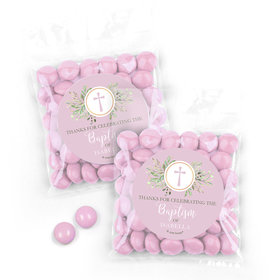 Personalized Cross Greenery Candy Bags with Just Candy Milk Chocolate Minis - Pink