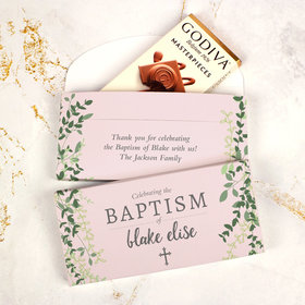 Deluxe Personalized Godiva Rose Pink Leaves Baptism Chocolate Bar in Gift Box