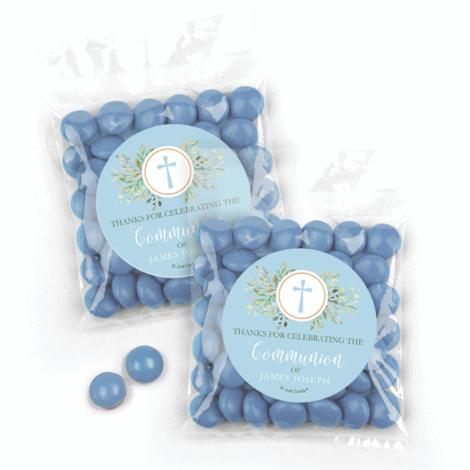 Personalized Communion Cross Greenery Candy Bags with Just Candy Milk Chocolate Minis - Blue
