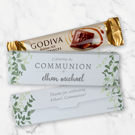 Personalized Godiva Chocolate Box Green Leaves Communion Candy Bars