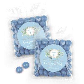 Personalized Confirmation Cross Greenery Candy Bags with Just Candy Milk Chocolate Minis - Blue