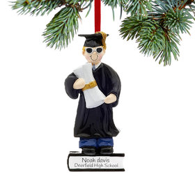 Personalized Graduate Boy on a Stack of Books Holding a Diploma Ornament