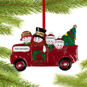 Vintage Red Truck Snowman Family Of 4 Grandparents Ornament