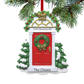 Red Door with Wreath and Evergreen Trees Ornament
