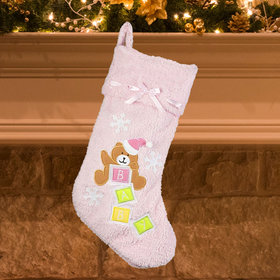 Baby Girl Stocking with Teddy Bear and Baby Blocks Stocking