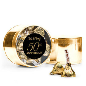 Personalized 50th Anniversary Favor Assembled Medium Round Plastic Tin with Hershey's Kisses