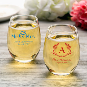 Personalized Wedding 9oz Stemless Wine Glass