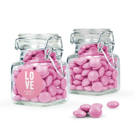 Personalized Wedding Favor Assembled Swing Top Square Jar with Just Candy Milk Chocolate Minis