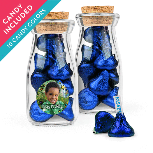 Personalized Kids Birthday Favor Assembled Glass Bottle with Cork Top with Hershey's Kisses
